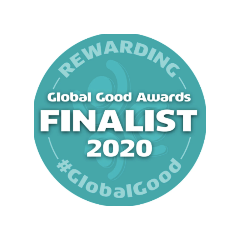 An image which reads 'Global Good Awards Finalist 2020 #Global Good.' The writing is white and formatted onto a teal circle.