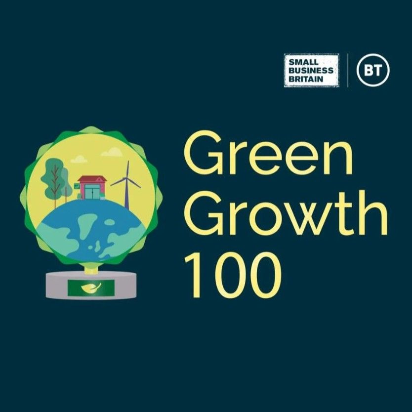 A photo which reads 'Small Business Britain, Green Growth 100.' The image has a dark green background with yellow writing. There is a graphic of a globe, house, tree and wind turbine on the left side of the image.