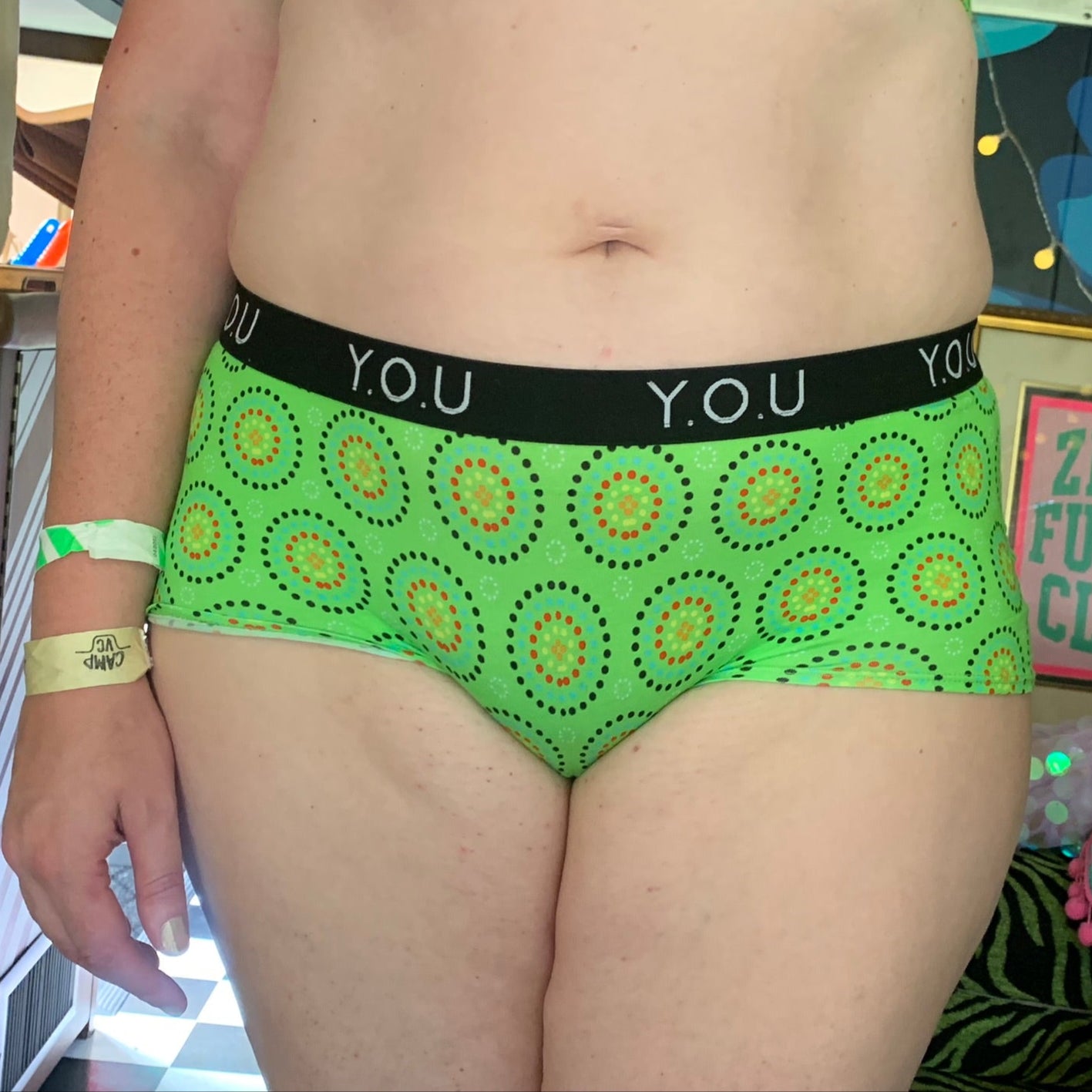 model wearing organic cotton YOU boy shorts green mara print - You Underwear