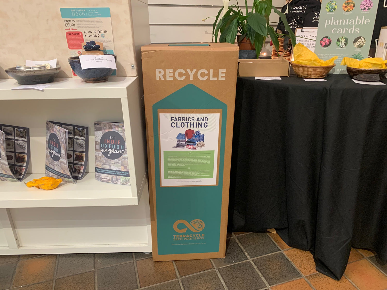 The TerraCycle recycling box in situ next to the till, at our Oxford pop-up