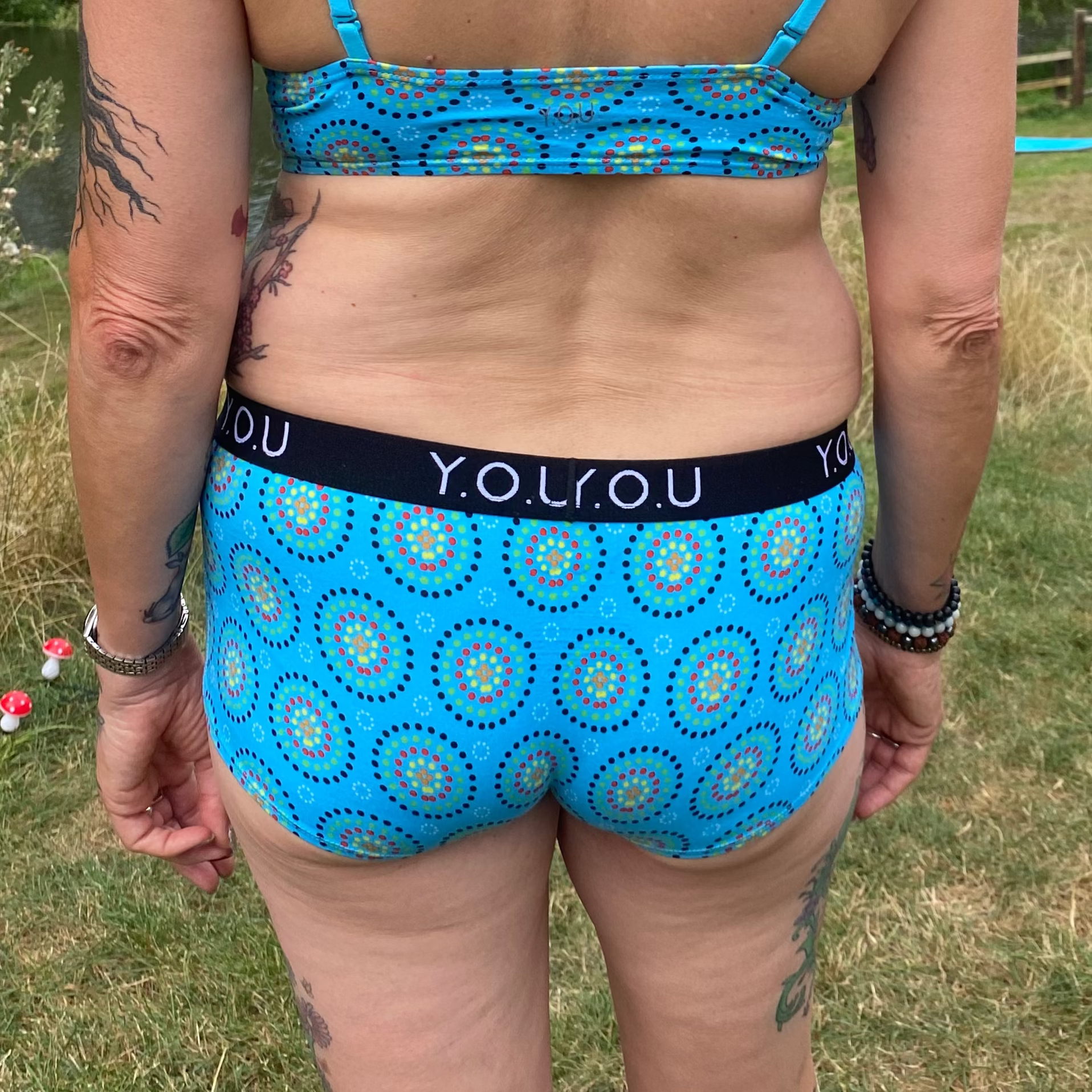 Women’s organic cotton boy shorts with Y.O.U elastic - Blue Mara design