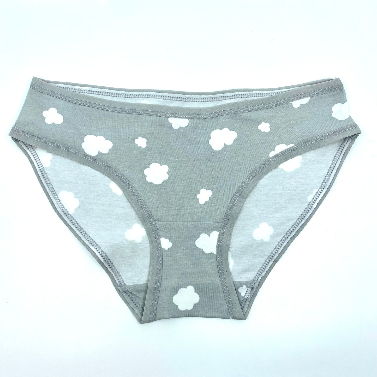 Women's organic cotton low-rise bikini bottoms - grey with white clouds