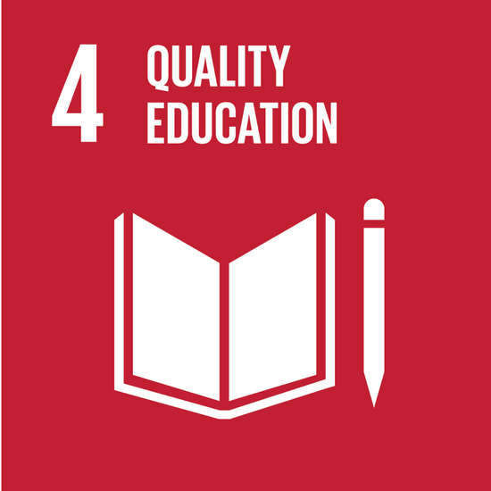 SDG 4 symbol on a red background