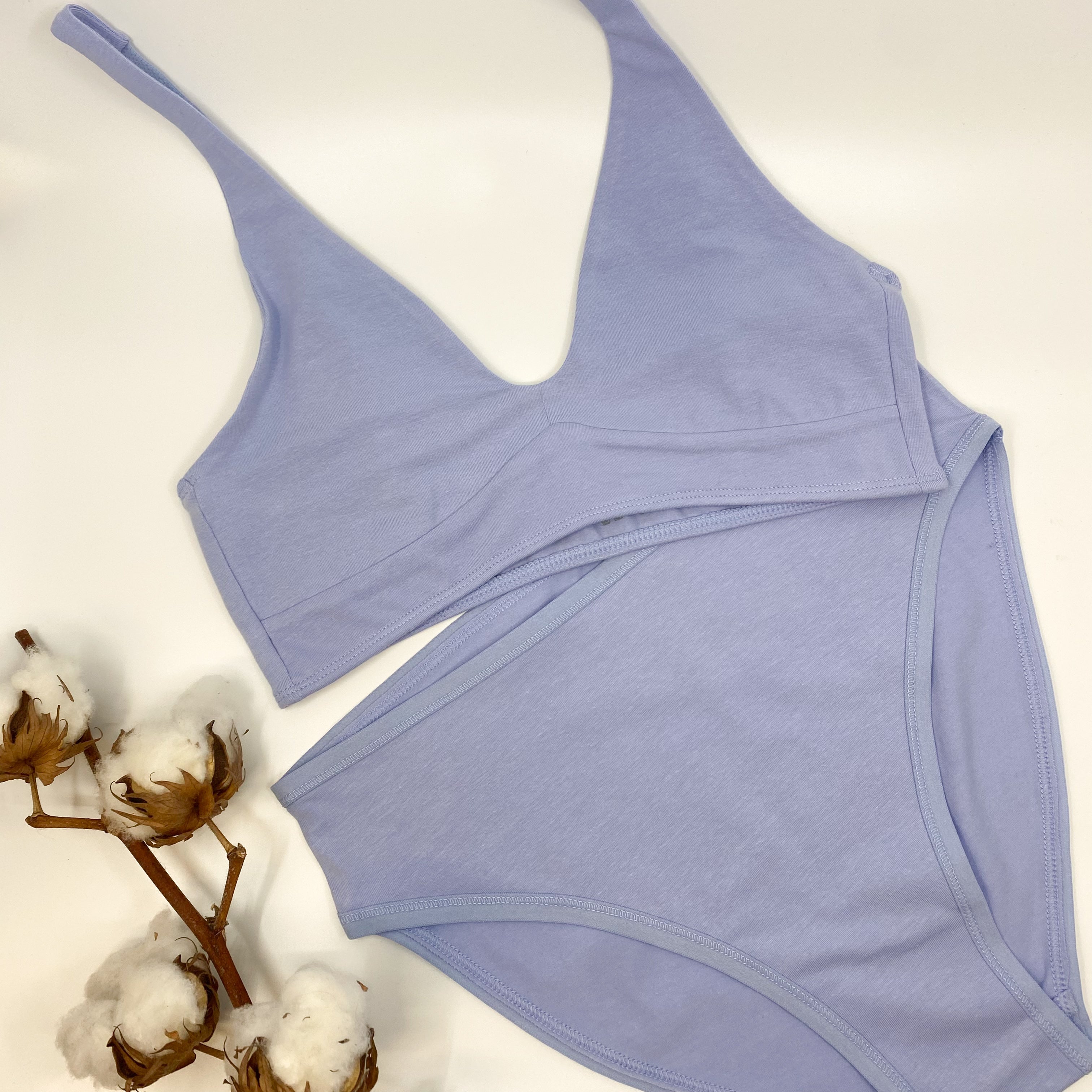 Women's organic cotton matching bralette and mid-rise bikini set - light blue