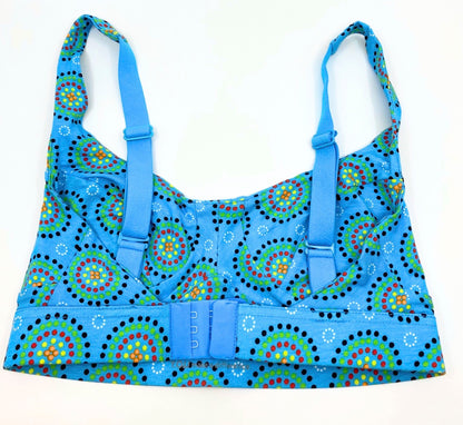 Women's organic cotton bra in blue Mara print - more supportive style