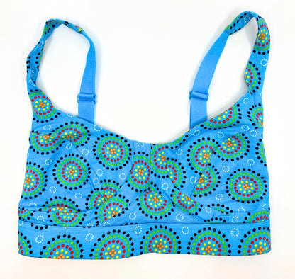 Women's organic cotton bra in blue Mara print - more supportive style