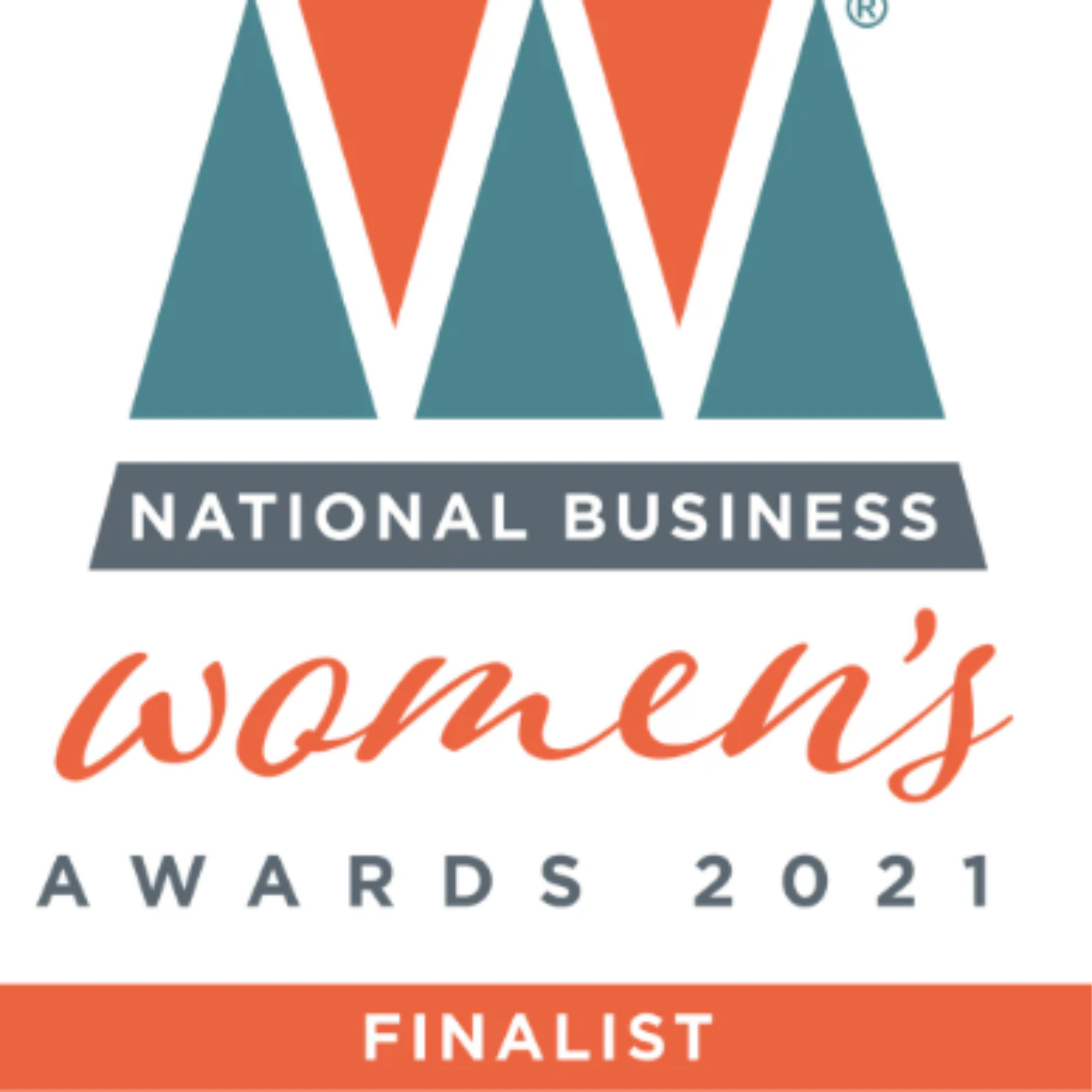 An image which reads, 'National Business Women's Awards 2021 Finalist. The writing is in white, grey and bright orange. There is a orange and teal triangular graphic at the top of the image.