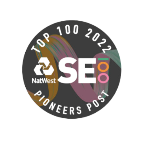 An image which reads, 'Top 100 2022. Natwest SE100. Pioneers Post' The writing in white and formatted onto a grey, green, orange and pink circular graphic. The background is white.