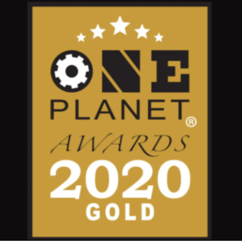 An image which reads 'One Planet Awards 2020 Gold.' The image background is a mustard colour and the text in in brown and white.