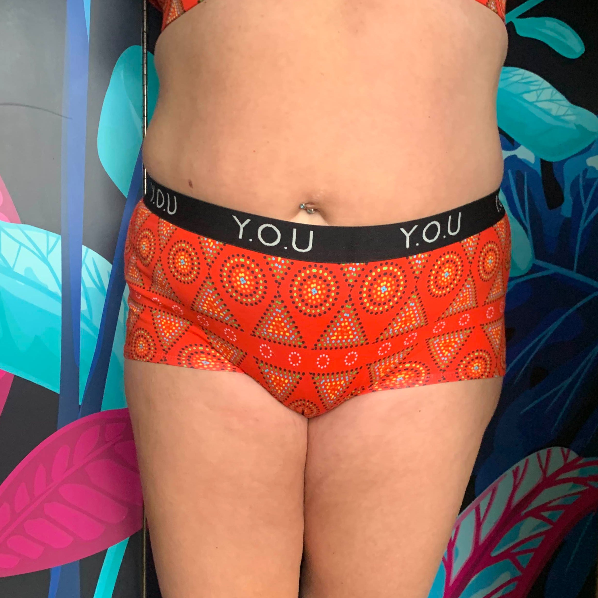 model wearing organic cotton YOU boy shorts red mara print - You Underwear