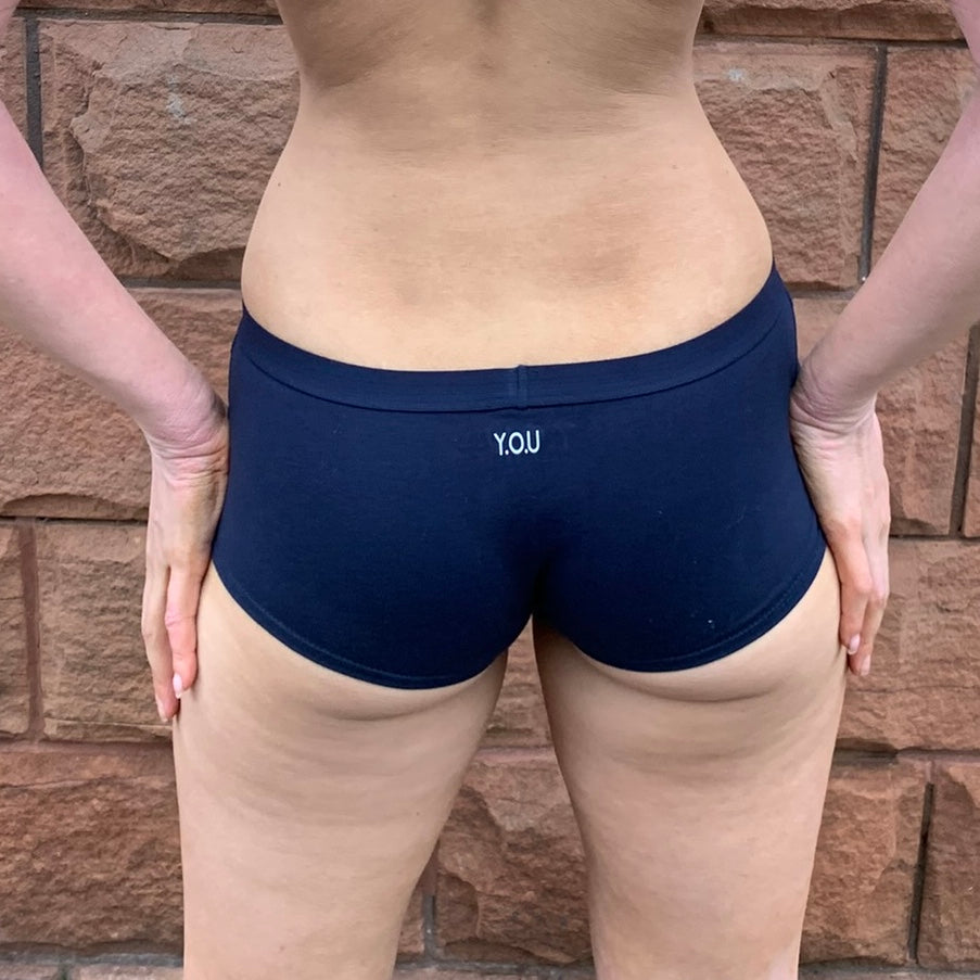 model wearing organic cotton boy shorts in navy blue - You Underwear