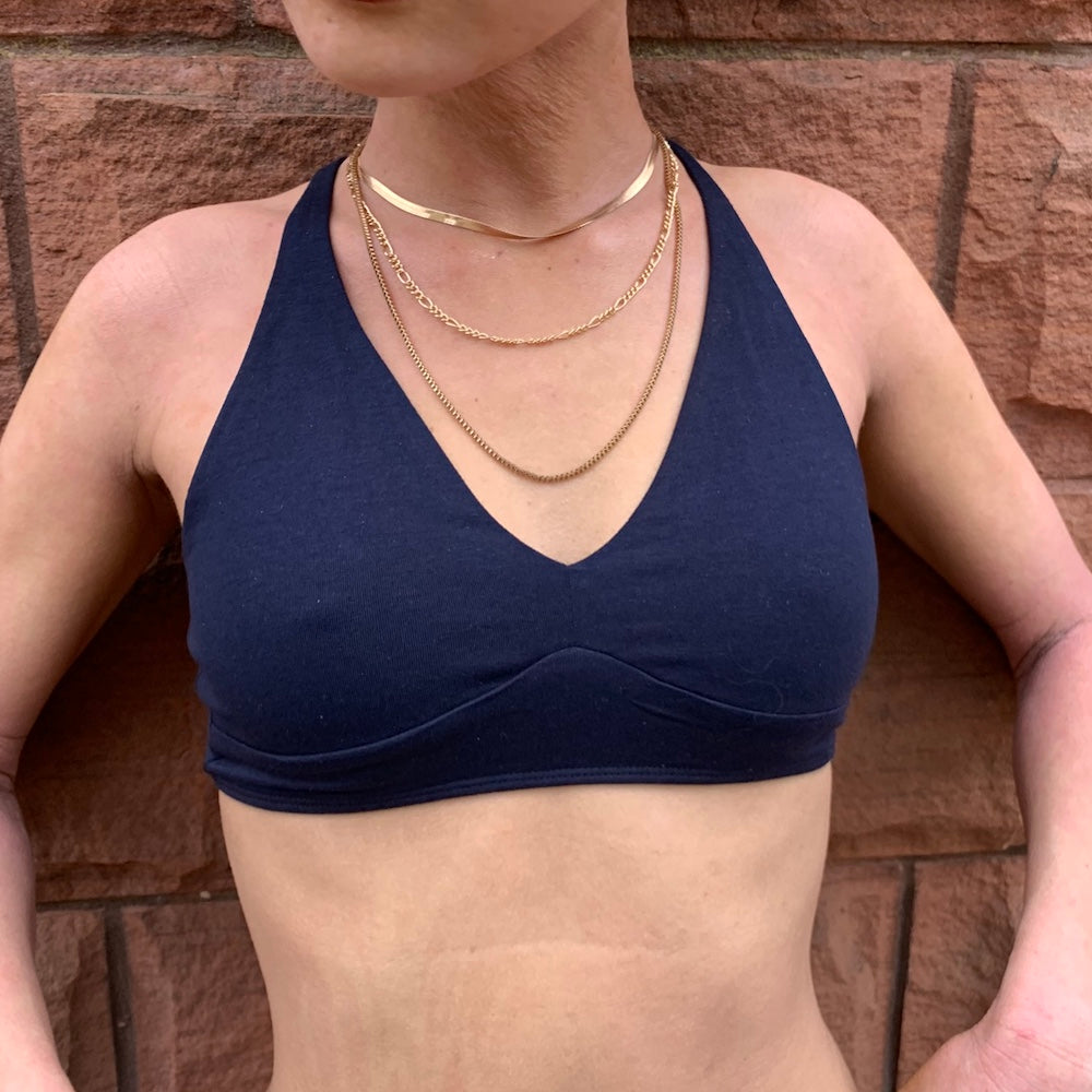 Model wearing an organic cotton navy blue bralette - You Underwear