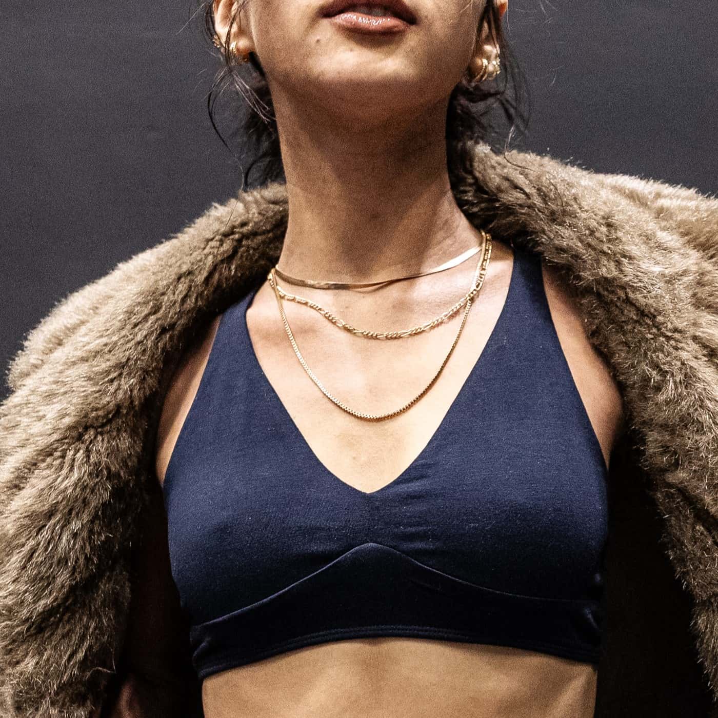 Model wearing an organic cotton navy blue bralette - You Underwear