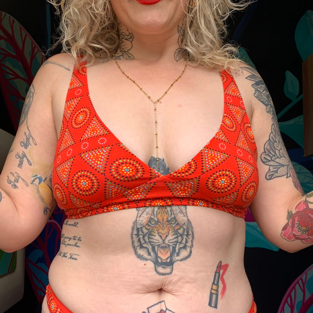 Model wearing an organic cotton red mara bralette - You Underwear
