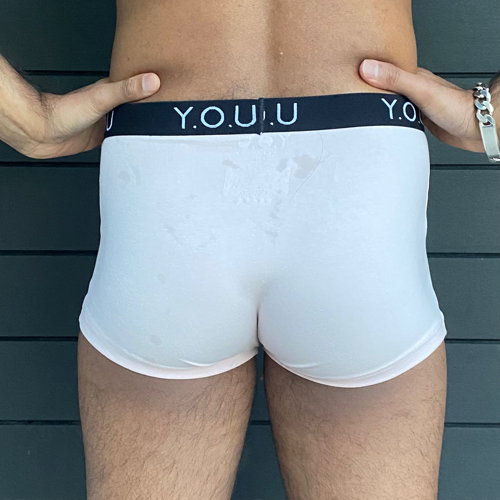 model wearing organic cotton men's hipster trunks in light pink - You Underwear