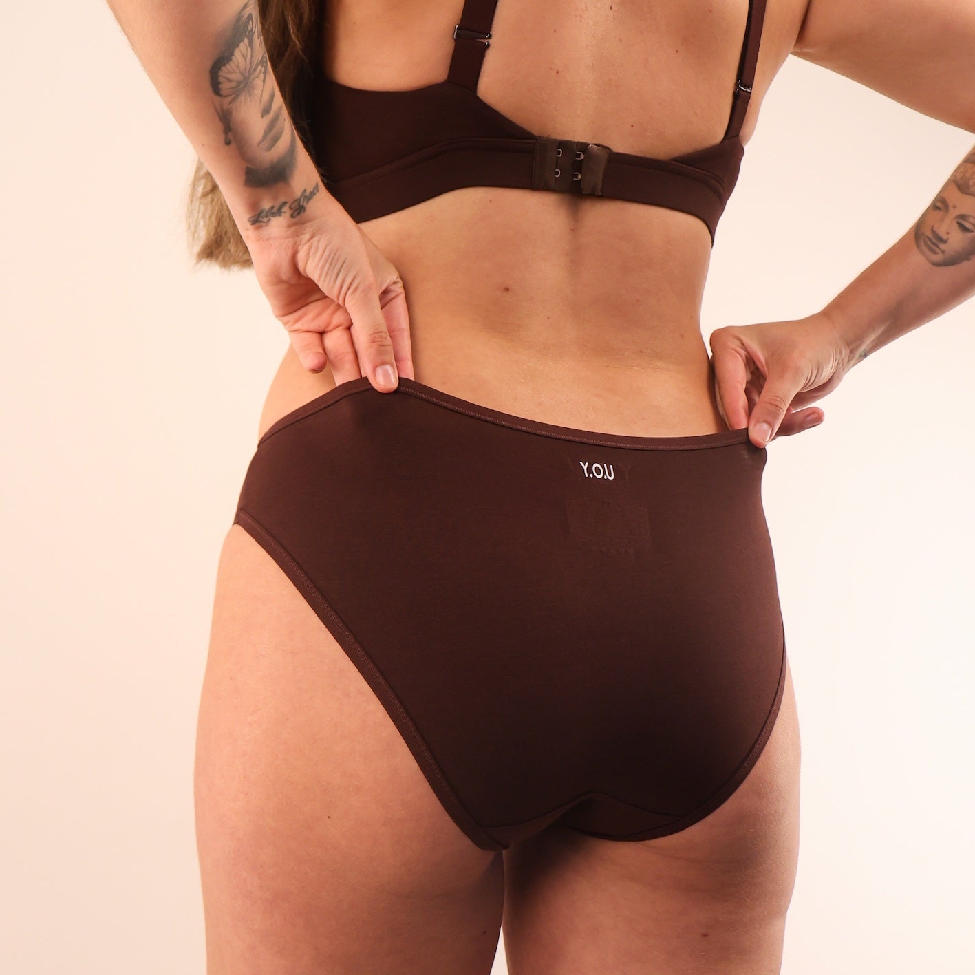 model wearing organic cotton mid rise bikini cocoa - You Underwear