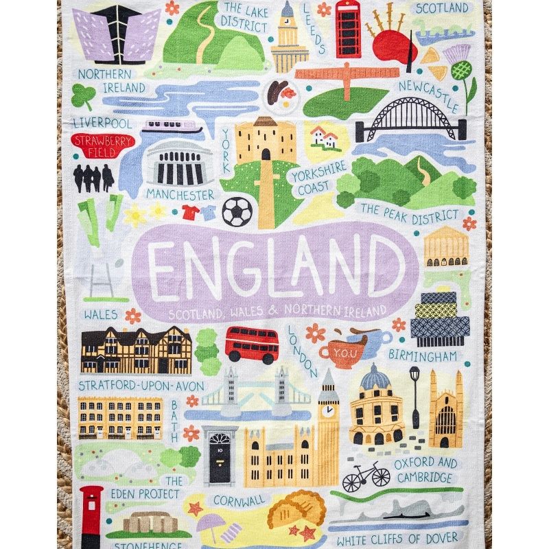 Organic cotton tea towel printed design with illustrations of England landmarks - You Underwear