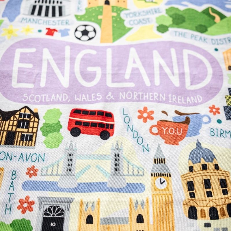 Organic cotton tea towel printed design with illustrations of England landmarks - You Underwear