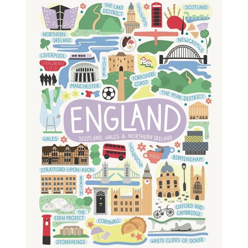 Organic cotton tea towel print design with illustrations of England landmarks - You Underwear