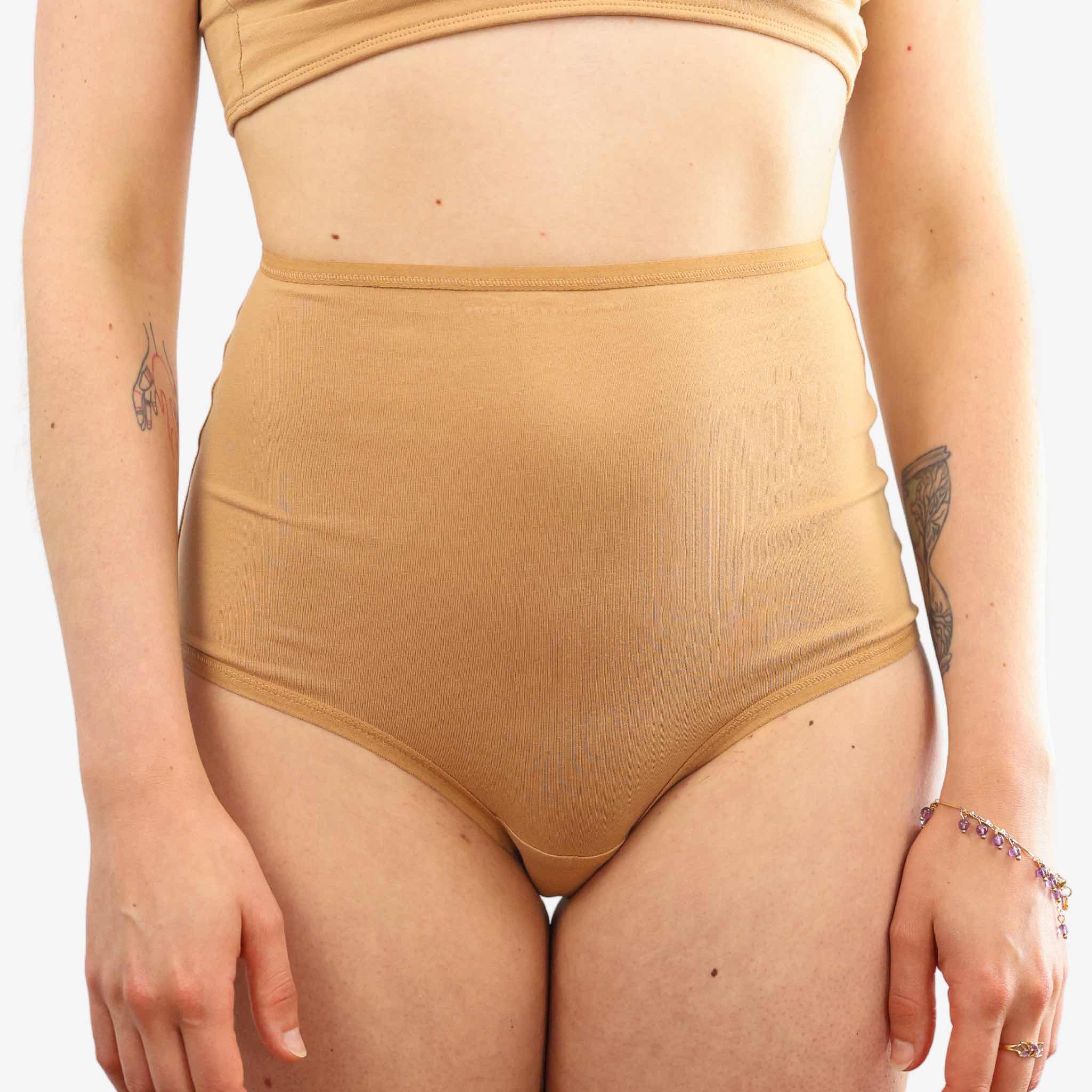 Model wearing organic cotton high waisted knickers in almond - Y.O.U Underwear