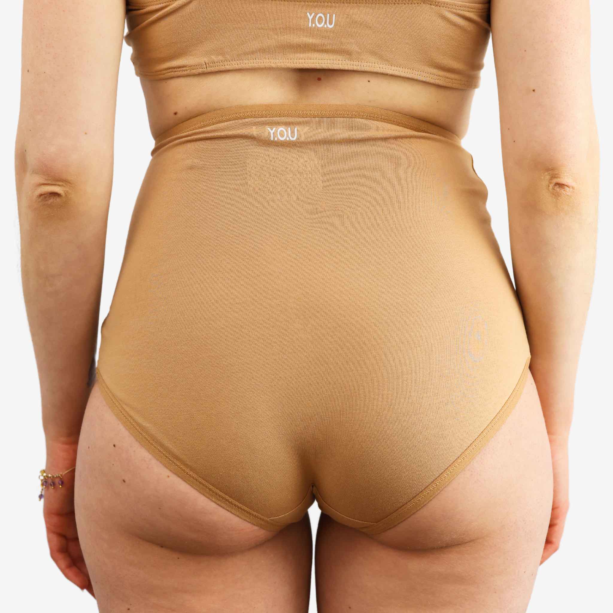 Model wearing organic cotton high waisted knickers in almond - Y.O.U Underwear
