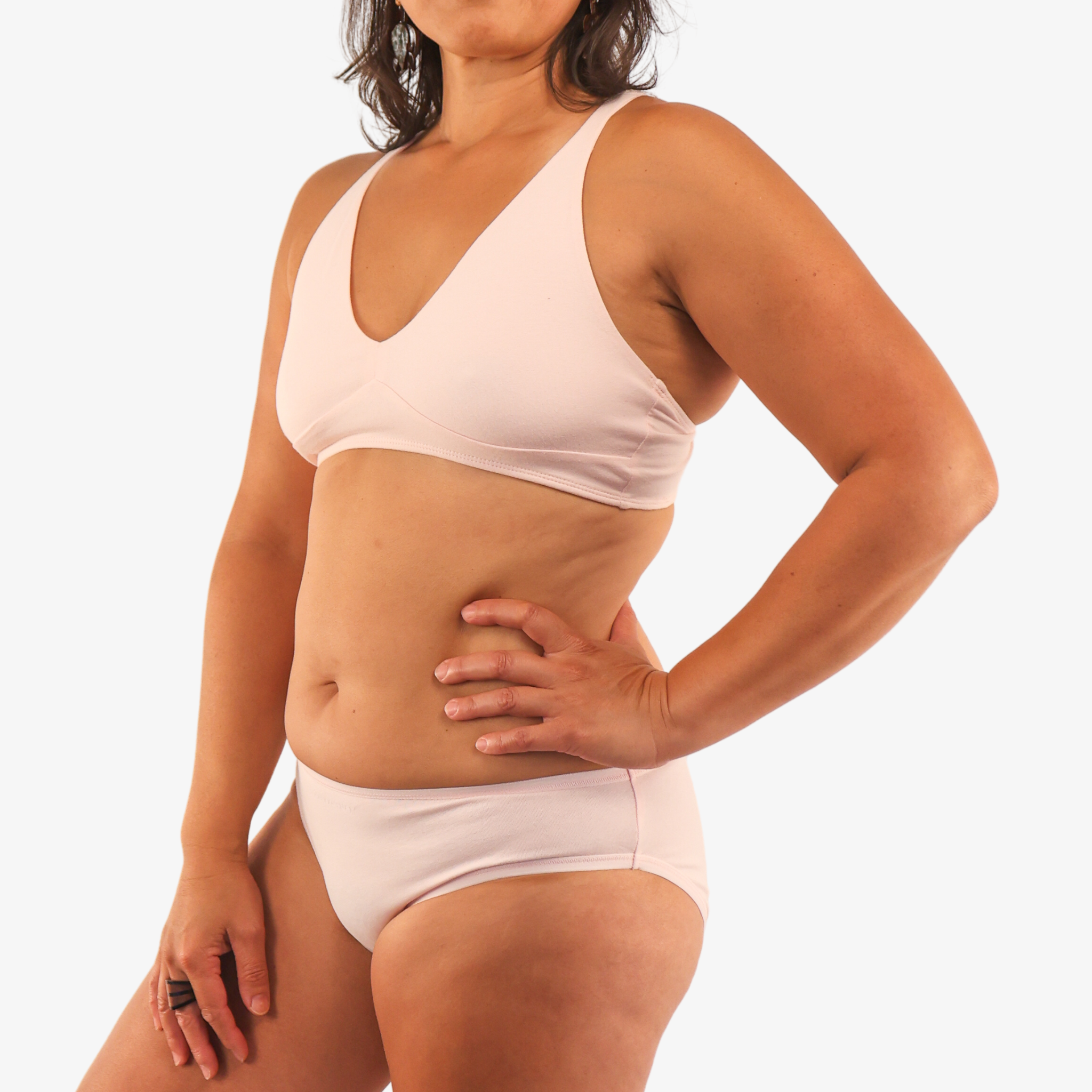 Women's organic cotton matching bralette and bikini set in light pink