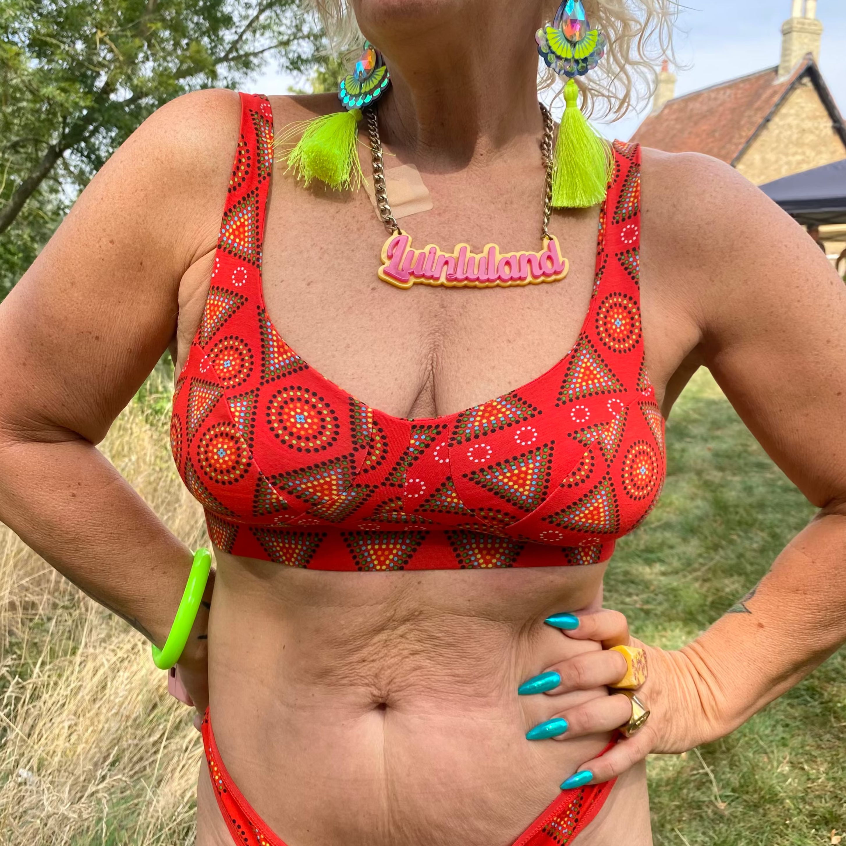 model wearing organic cotton more supportive bra red mara- You Underwear