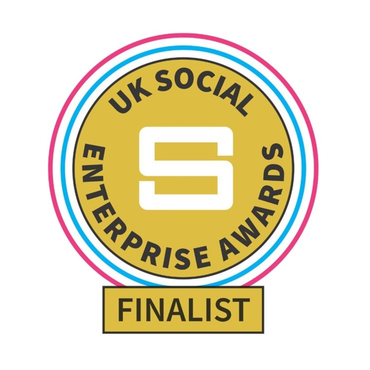 An image of the UK Social Enterprise awards finalist logo. It is a white square with yellow circle in the middle. There is a blue and red outline around the yellow circle. The text in the circle reads, 'UK Social Enterprise Awards Finalist.'