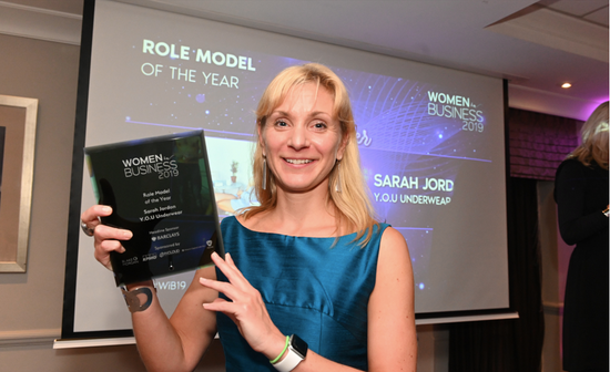 Sarah Jordan, CEO & Founder with a Women in Business Award for Role Model of the Year, 2019