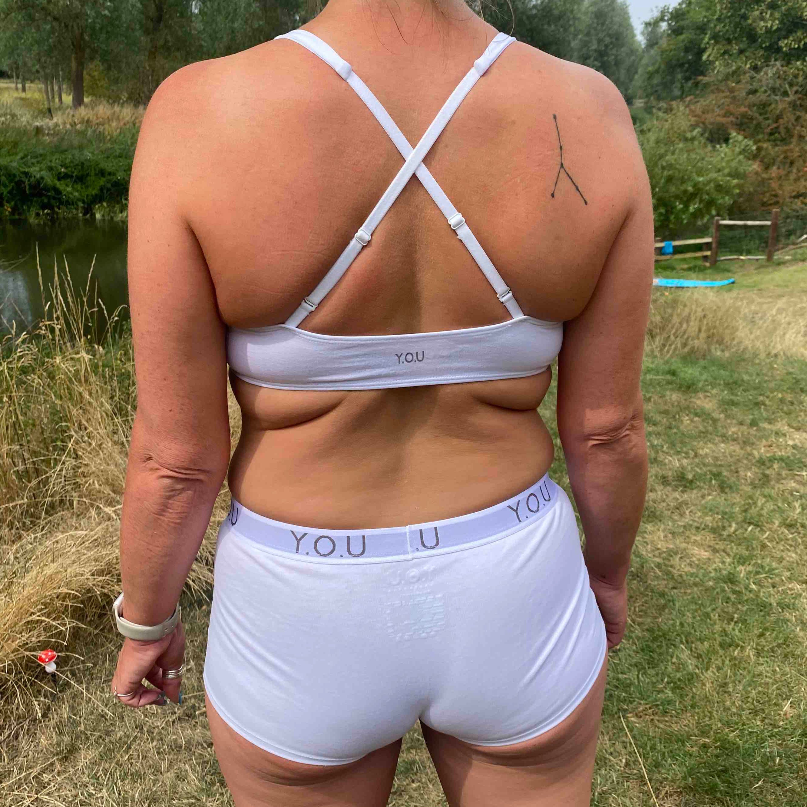 Women's organic cotton matching bralette and Y.O.U boy shorts set - white