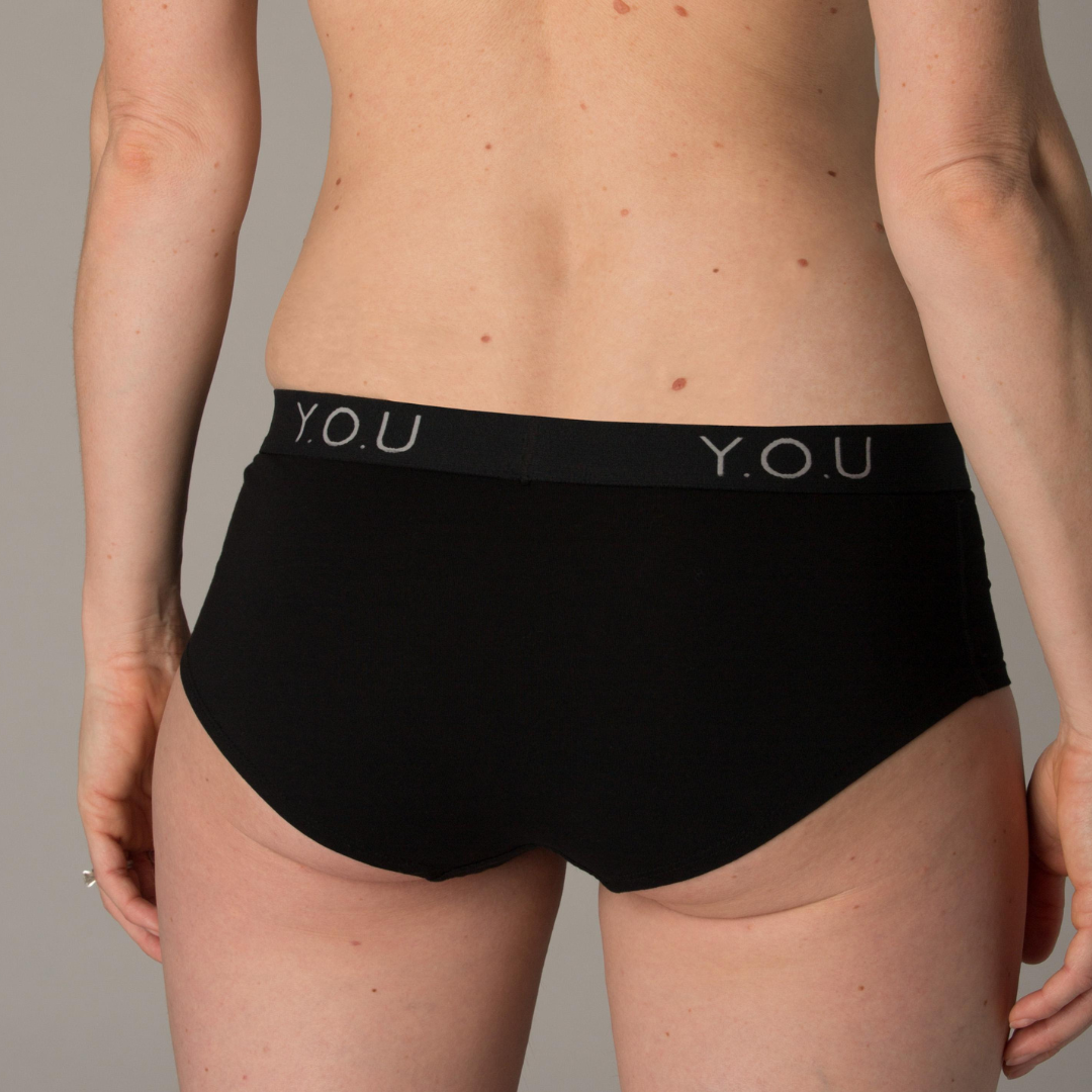 Women s organic cotton boy shorts with Y.O.U elastic in black