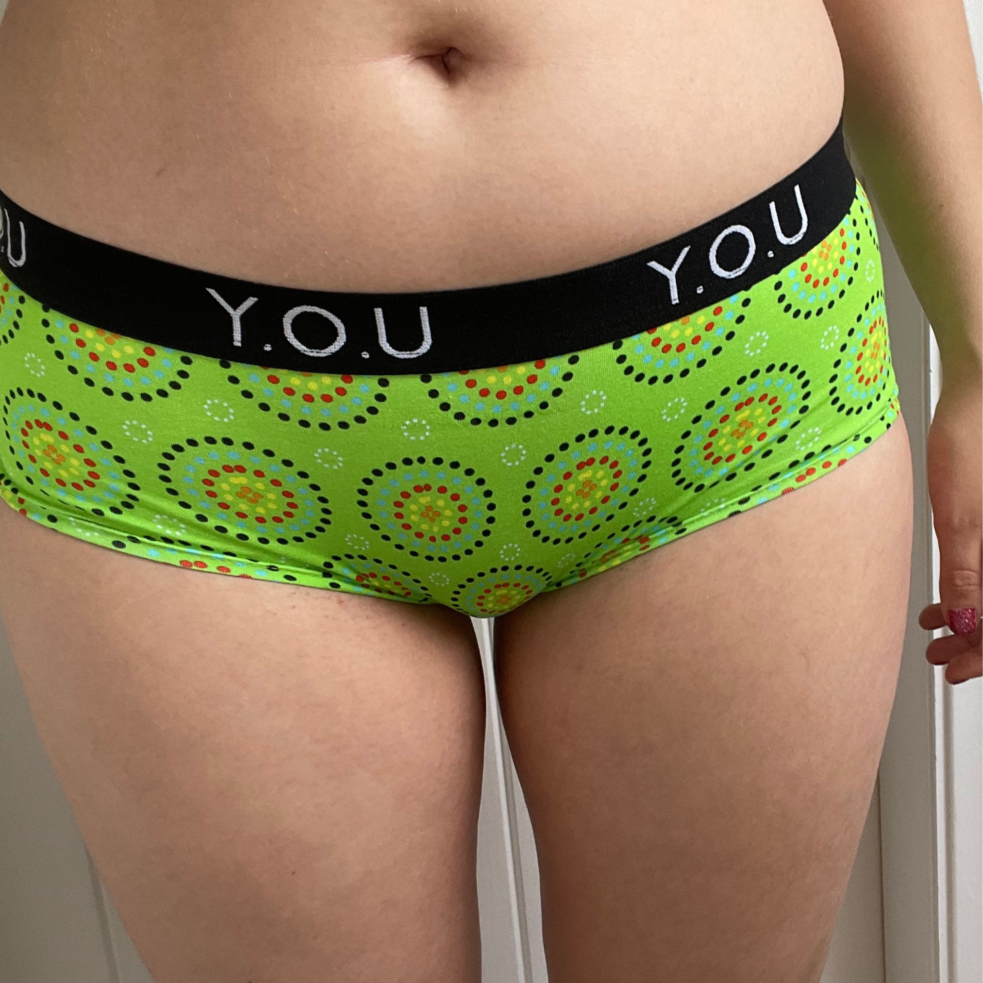 Women’s organic cotton boy shorts with Y.O.U elastic - Green Mara design