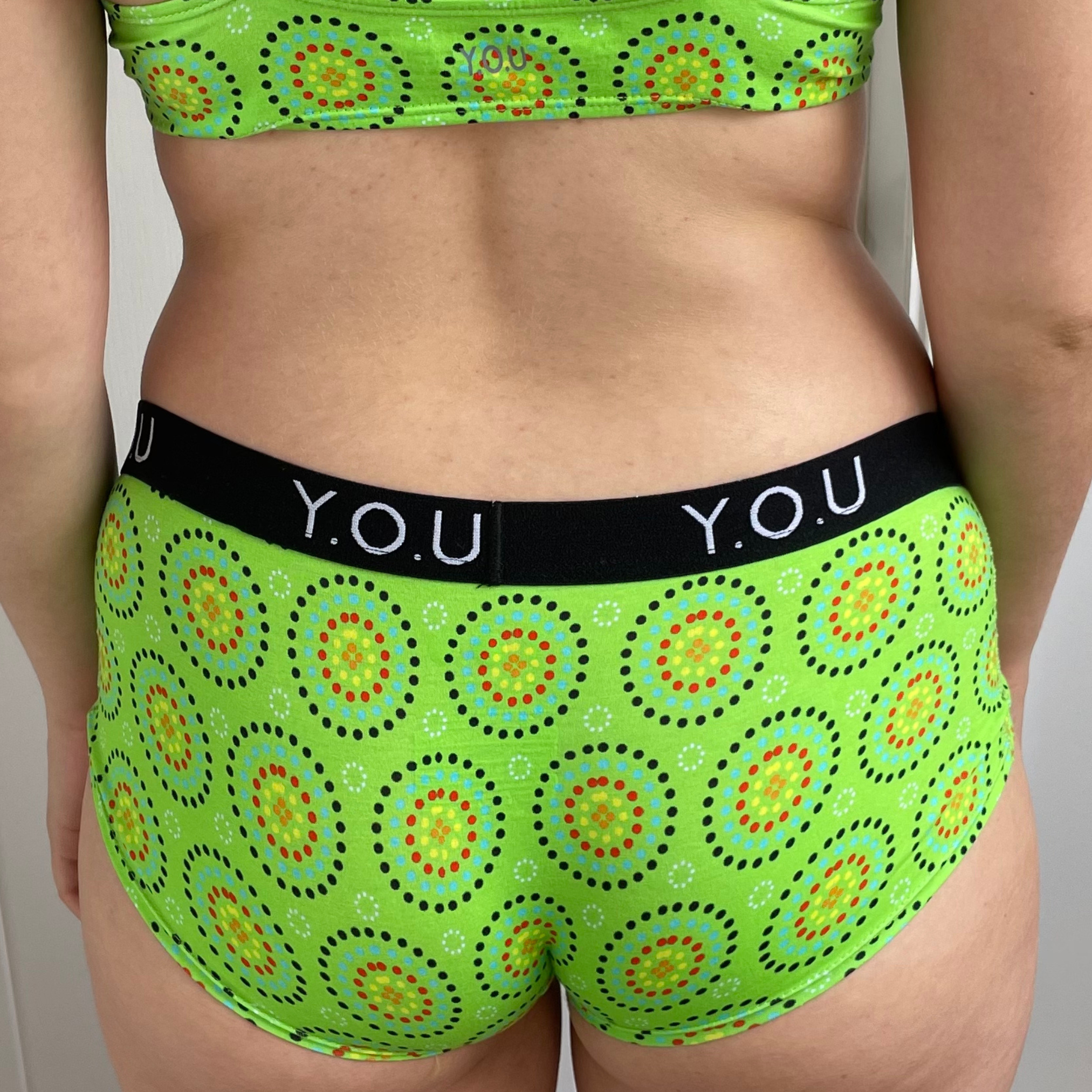 Women’s organic cotton boy shorts with Y.O.U elastic - Green Mara design