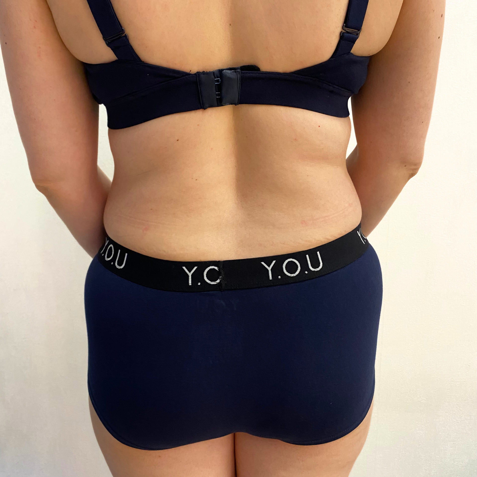 Women’s organic cotton boy shorts with Y.O.U elastic in navy blue