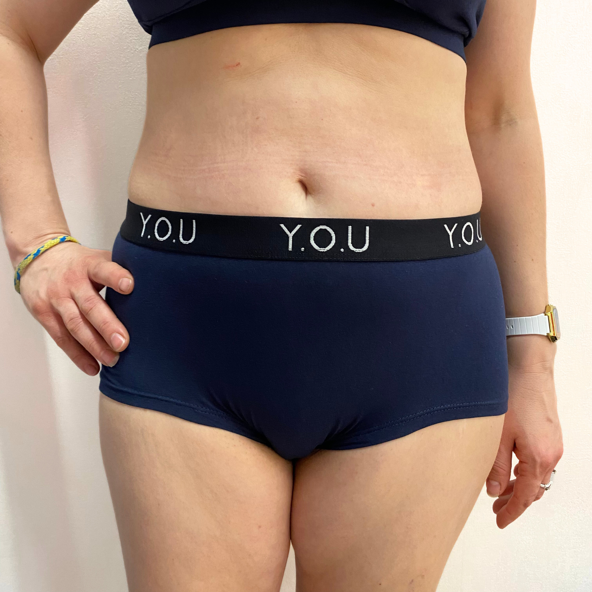 Women’s organic cotton boy shorts with Y.O.U elastic in navy blue