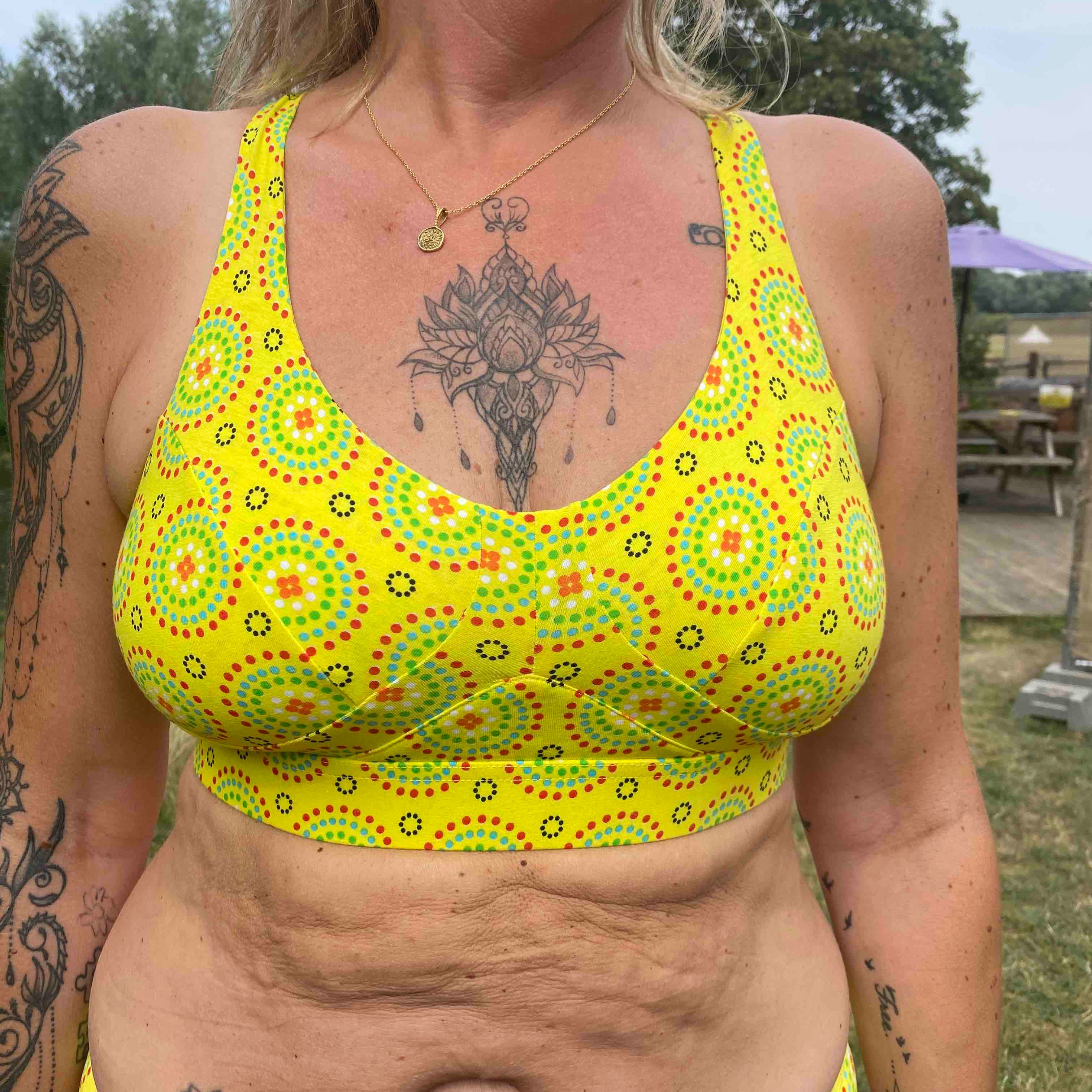model wearing organic cotton more supportive bra yellow mara print - You Underwear