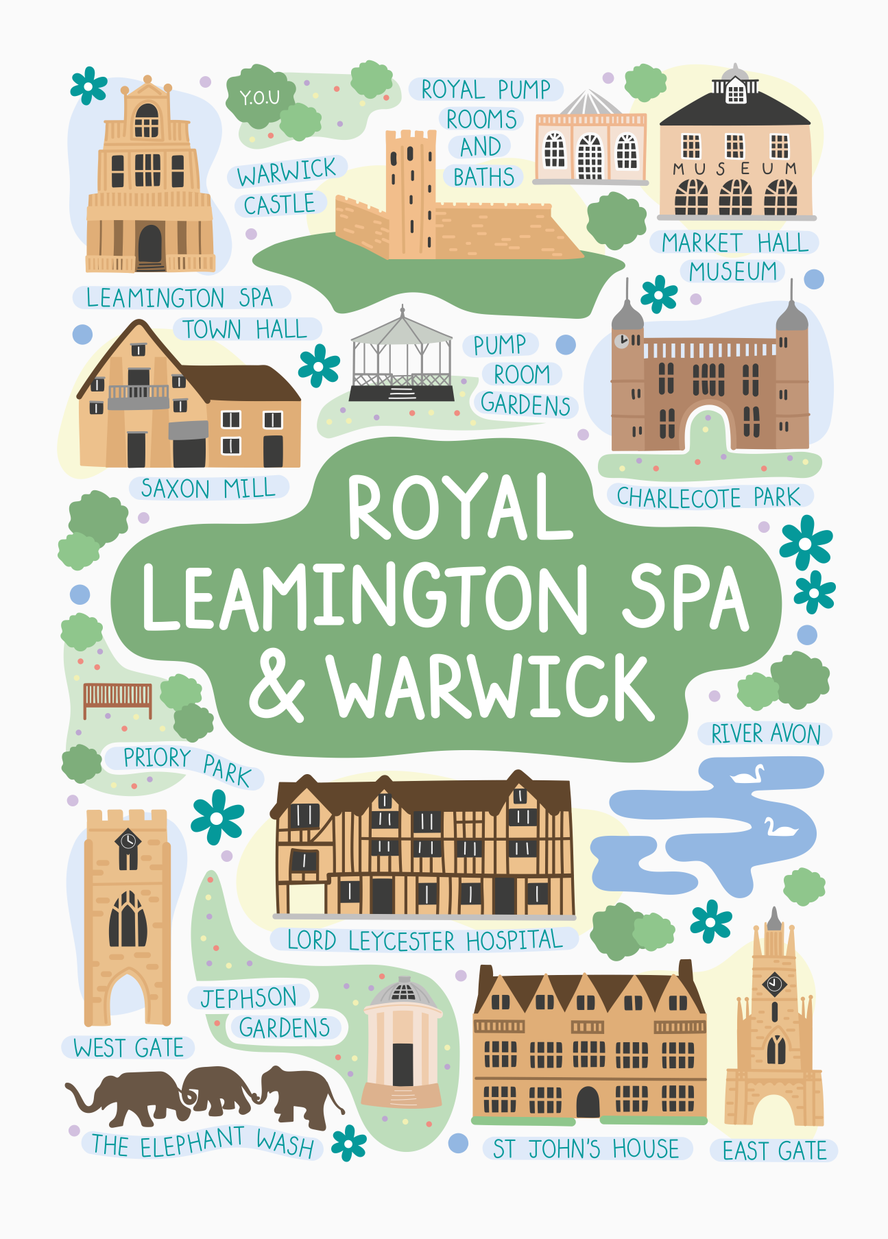 Y.O.U Royal Leamington Spa & Warwick Landmarks Organic Cotton Tea Towel