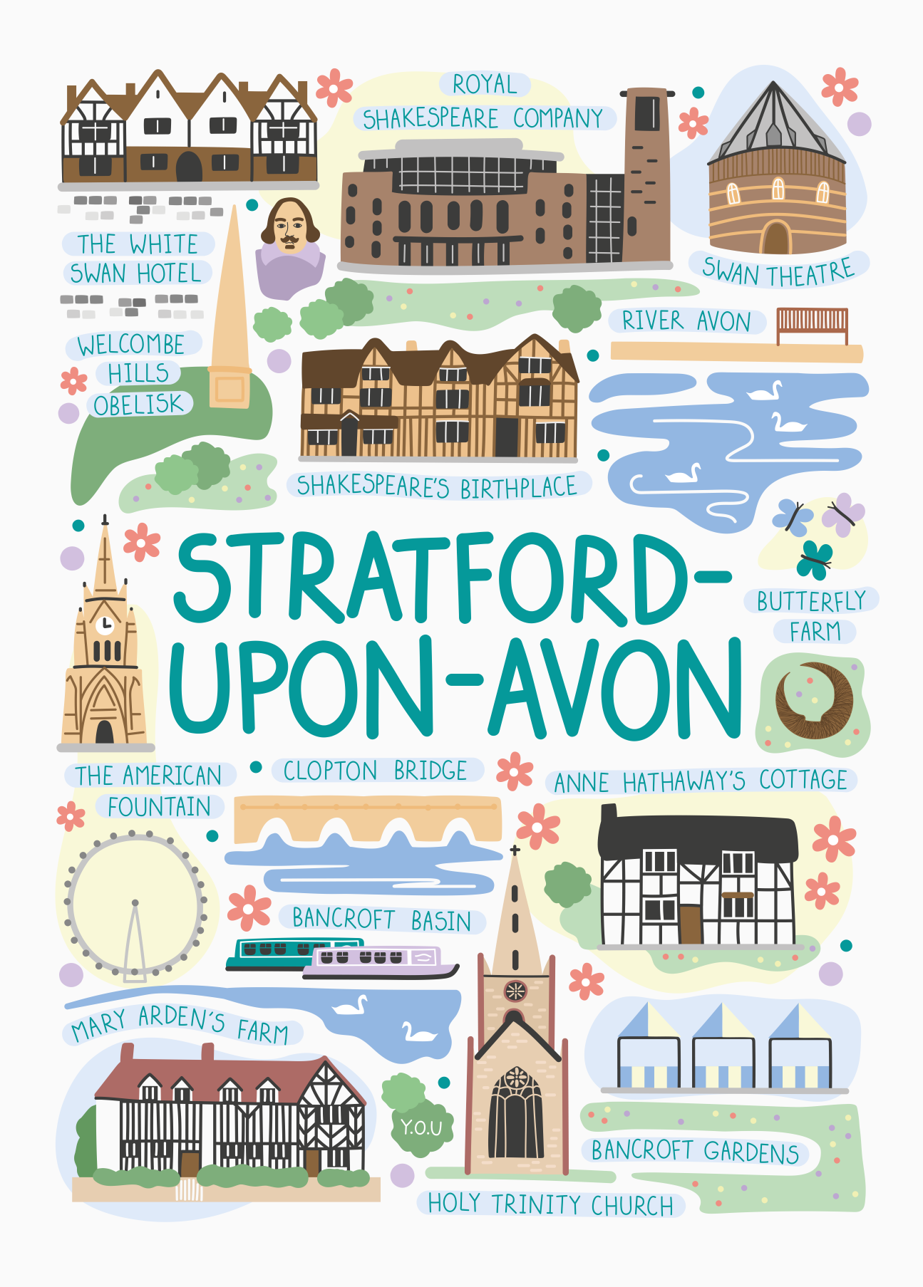 Y.O.U Stratford-upon-Avon Landmarks Organic Cotton Tea Towel