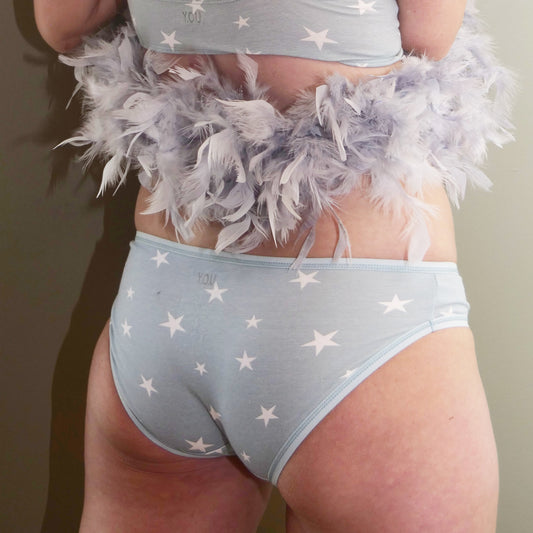 Women's organic cotton low-rise bikini bottoms - blue with white stars