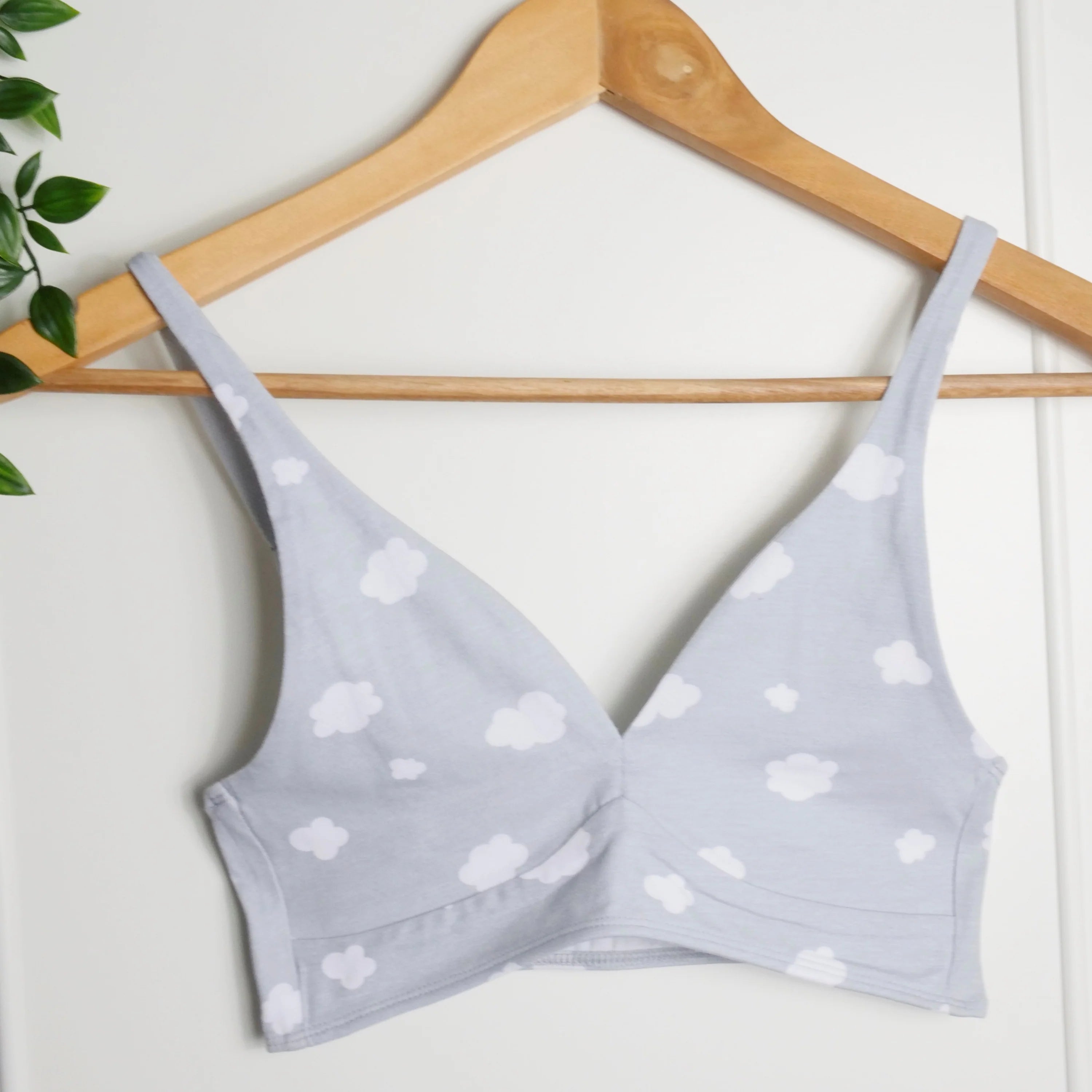 Sample Sale - Women's organic cotton bralette in light grey with white clouds pattern