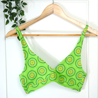 Women's organic cotton matching bralette and mid-rise bikini set - Green Mara design