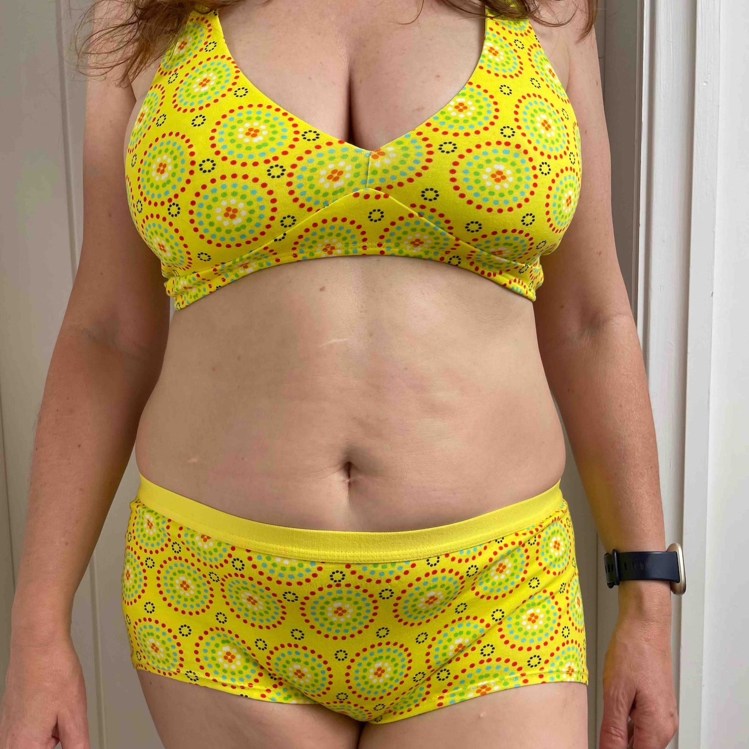 Women's organic cotton matching bralette and plain boy shorts set - Yellow Mara design