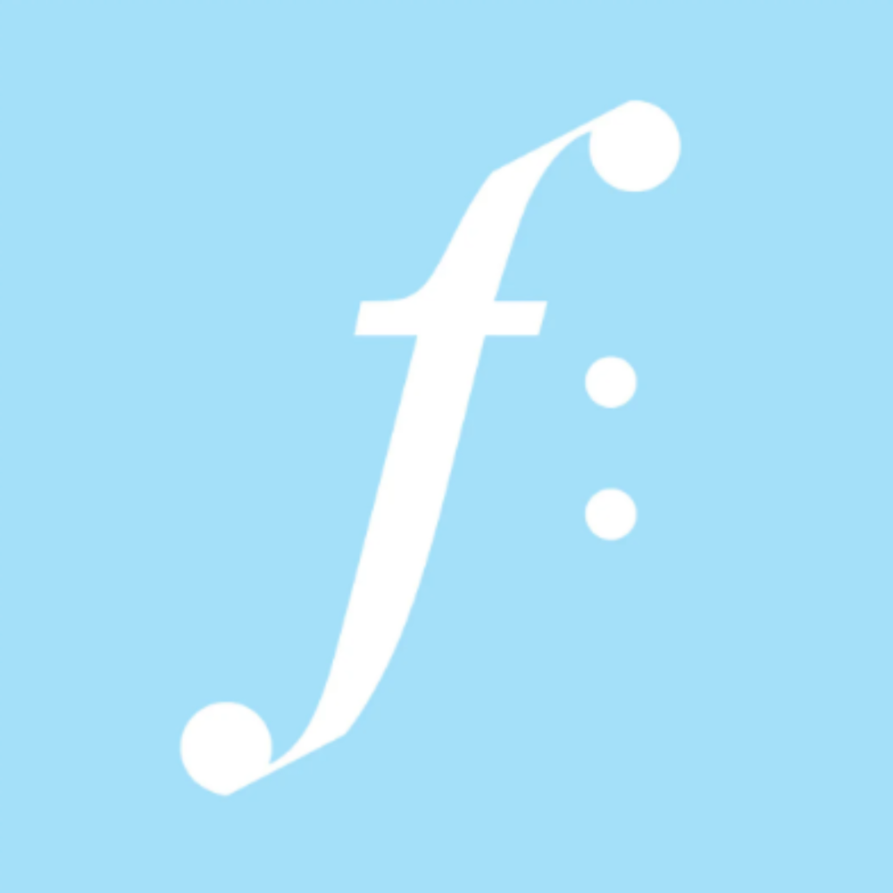An image with an, 'f:' in white, large and central on a baby blue background.