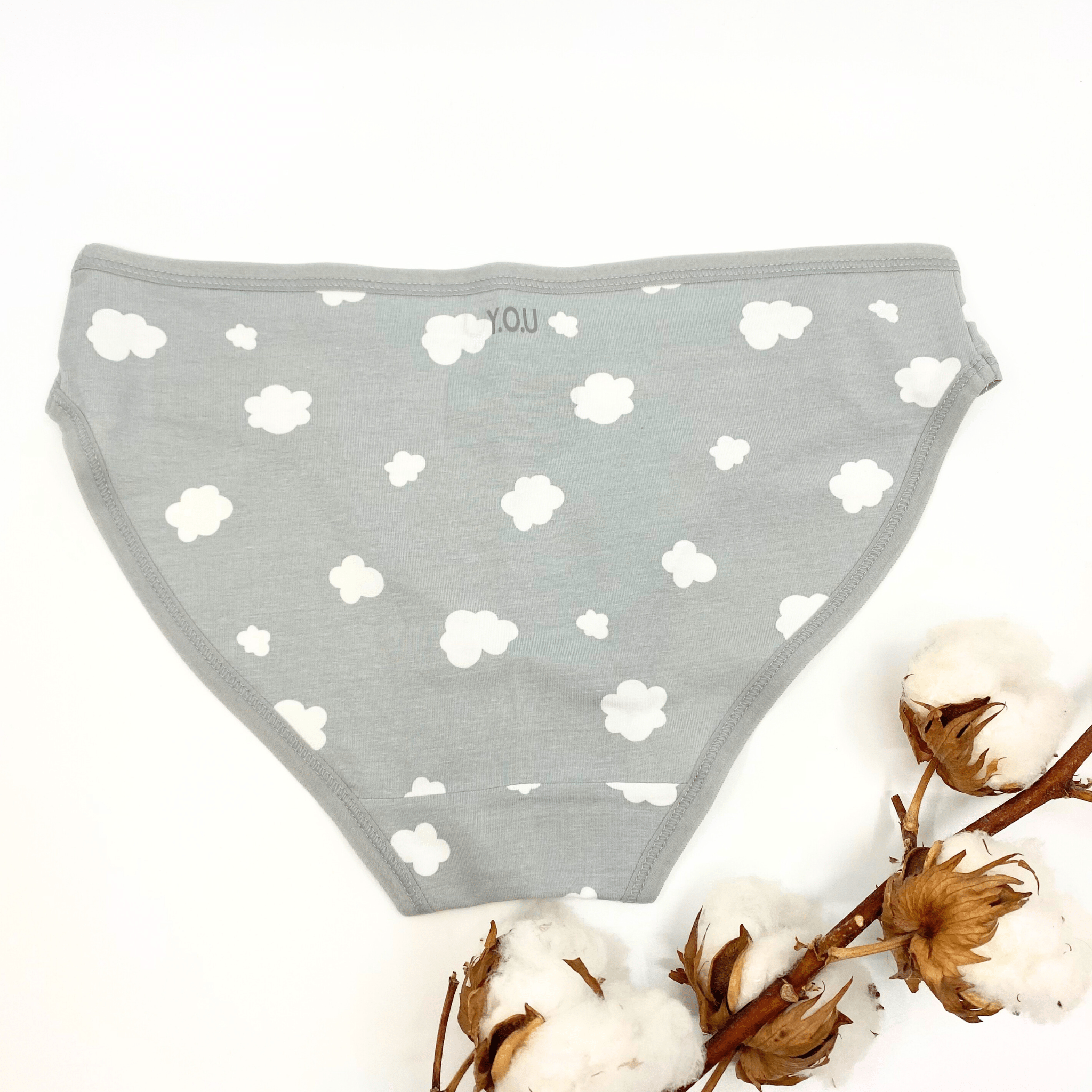 Girls' organic cotton knickers - grey with white clouds - Y.O.U underwear
