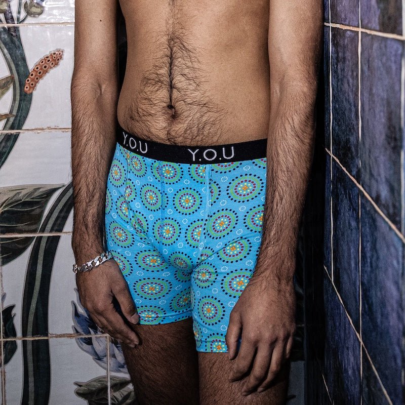 Men's organic cotton longer - leg trunks - Blue Mara design - Y.O.U underwear