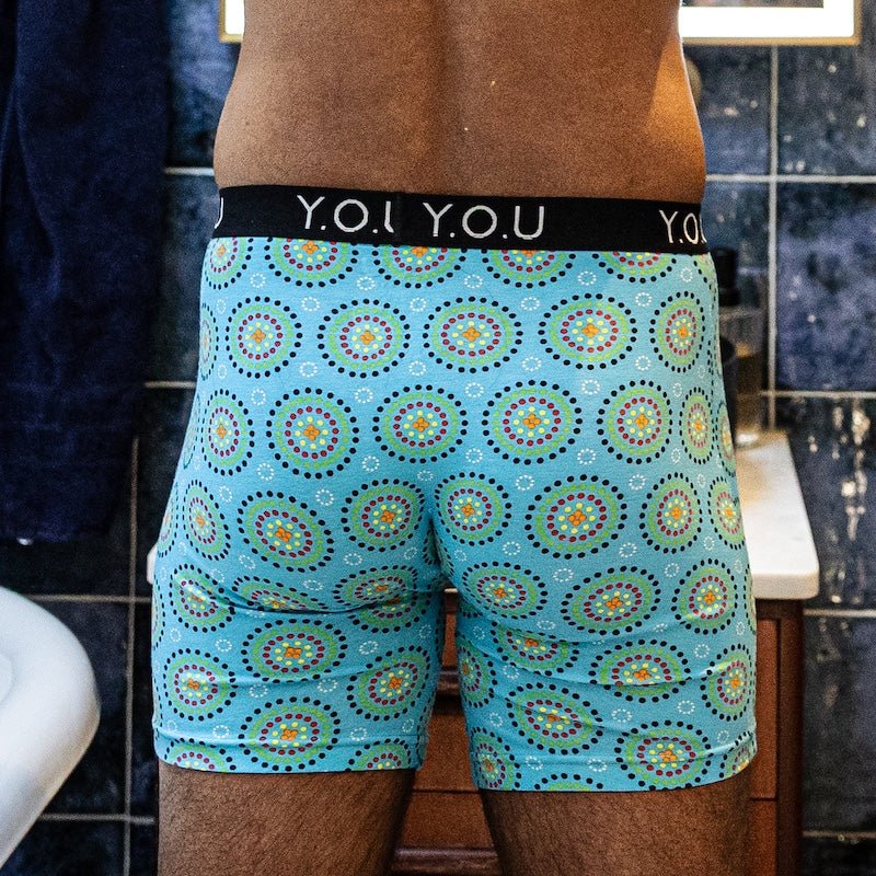 Men's organic cotton longer - leg trunks - Blue Mara design - Y.O.U underwear