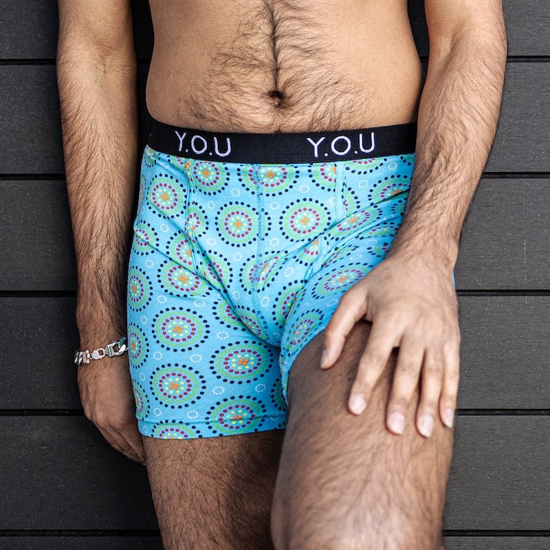 Men's organic cotton longer - leg trunks - Blue Mara design - Y.O.U underwear
