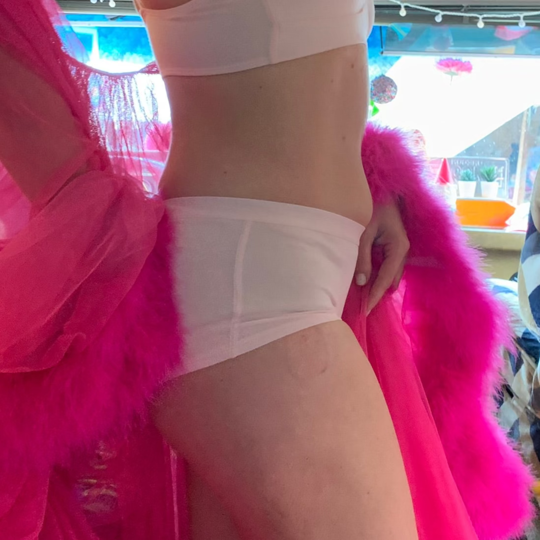 model wearing organic cotton boy shorts pink- You Underwear