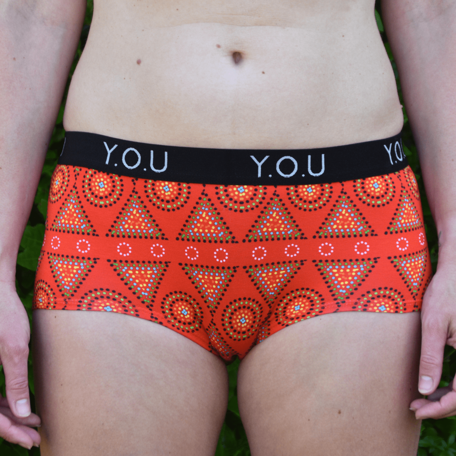 Women’s organic cotton boy shorts with Y.O.U elastic - Red Mara design - Y.O.U underwear
