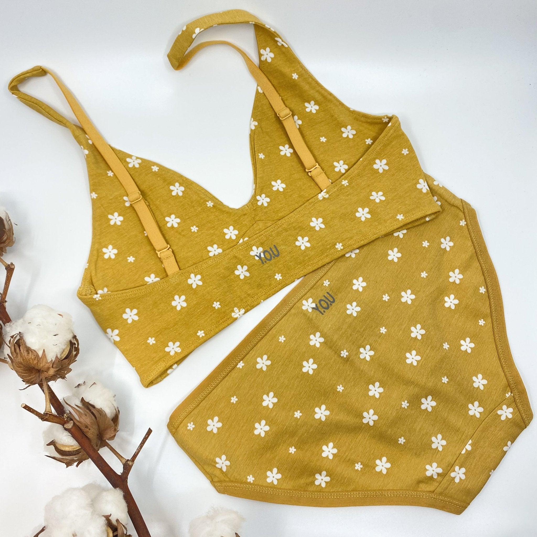 Women's organic cotton bralette and low - rise bikini bottom matching set - yellow with white flowers - Y.O.U underwear